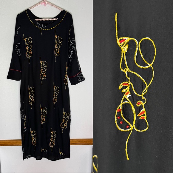 Unbranded black intertwined couple embroidered faces dress size Large - Picture 1 of 16